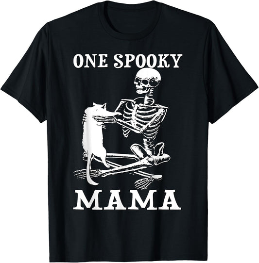 Skeleton Holding A Cat One Spooky Mamaa Halloween Costume T-Shirt