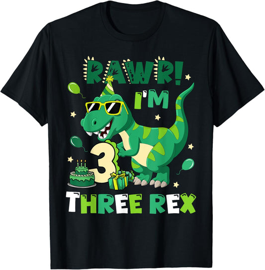 Kids Three Rex Birthday Party Outfit Dinosaur 3 Year Old Boy T-Shirt