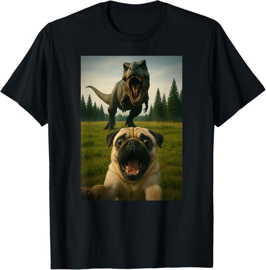 Funny Pug Dog Dinosaur Trex Selfie Animal Lover Mom Dad Kids T-Shirt