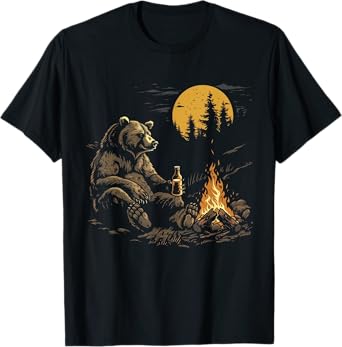 Camping Bear Drinking Beer Hiking Nature Funny Grizzly Bear T-Shirt