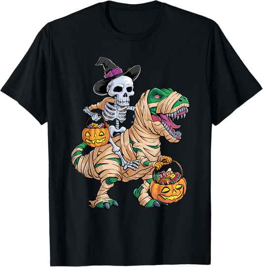 Skeleton Riding Mummy Dinosaur T rex Halloween Funny Kid Boy T-Shirt