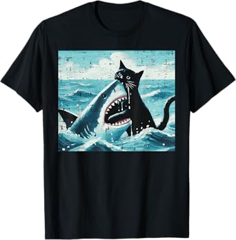 Black Cat Biting Shark Funny Kitten Kitty Art Men Women Kids T-Shirt