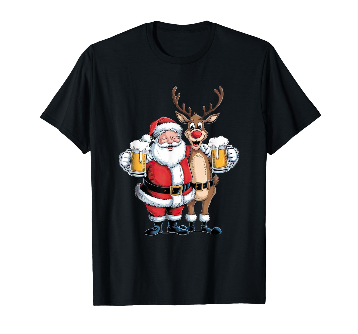 Santa Having a Beer with Reindeer. Funny Xmas Holidays T-Shirt