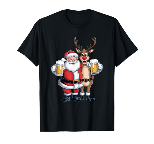 Santa Having a Beer with Reindeer. Funny Xmas Holidays T-Shirt