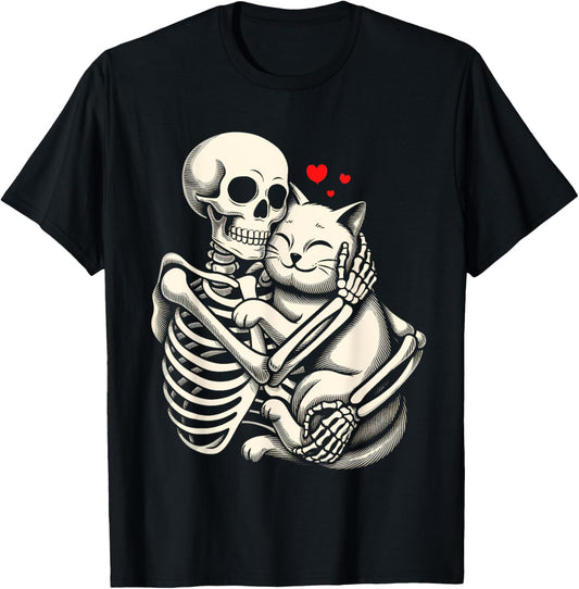 Skeleton Hugging Cat Halloween Cat Lover Cat Mom Dad T-Shirt