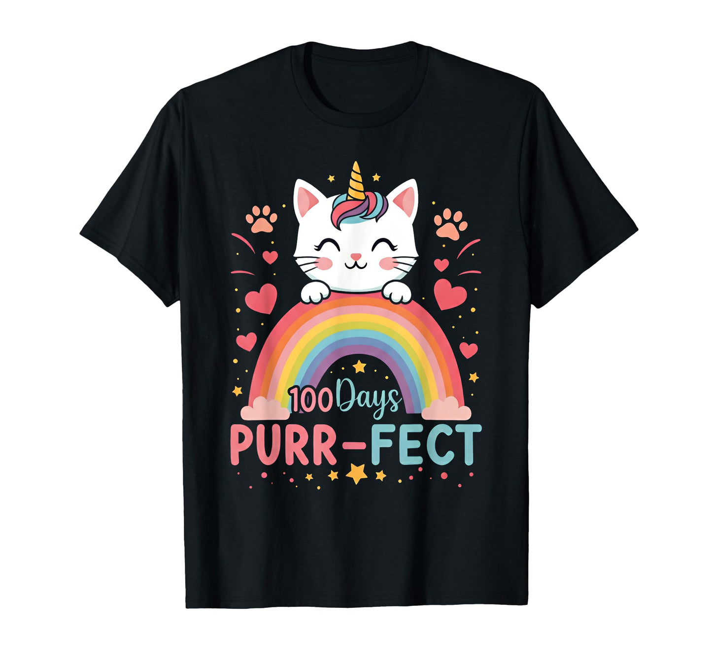 100 Days of School Purr-fect Cat Kitten Caticorn Rainbow Men Women Girls Kids T-Shirt