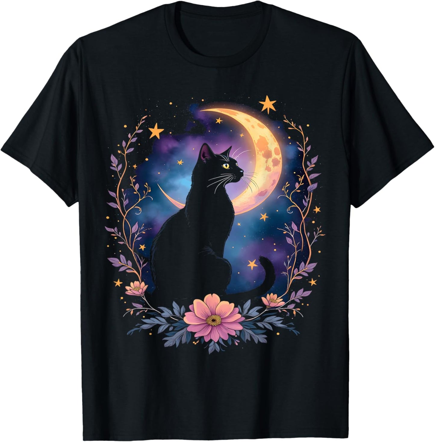 Mystical Cat Moon Floral Night T-Shirt