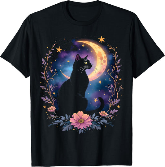 Mystical Cat Moon Floral Night T-Shirt