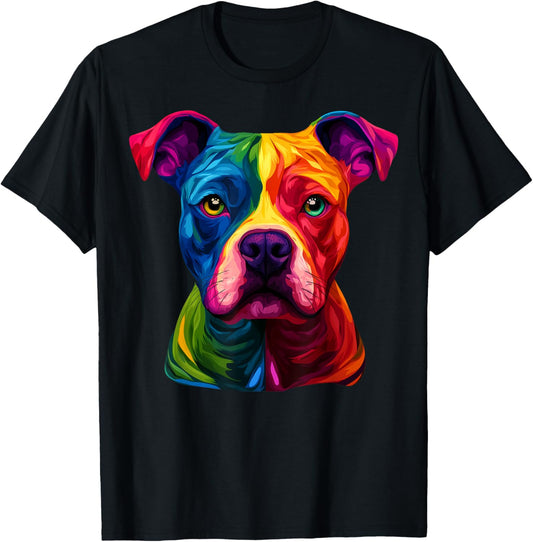 Colorful Staffordshire Bull Terrier Face Staffy Dog Black T-Shirt