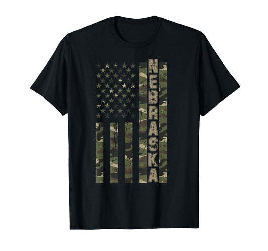 Nebraska United States Distressed Camo w US Flag T-Shirt