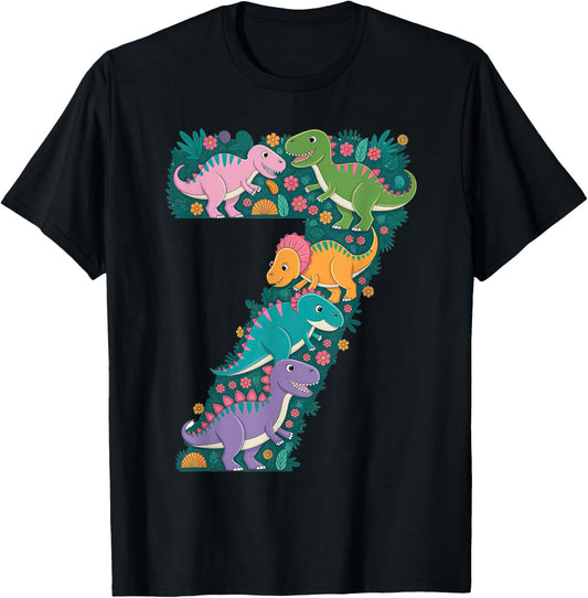 Roaring into 7 Seven Year Old Dinosaur Birthday 7th Seventh T-Shirt