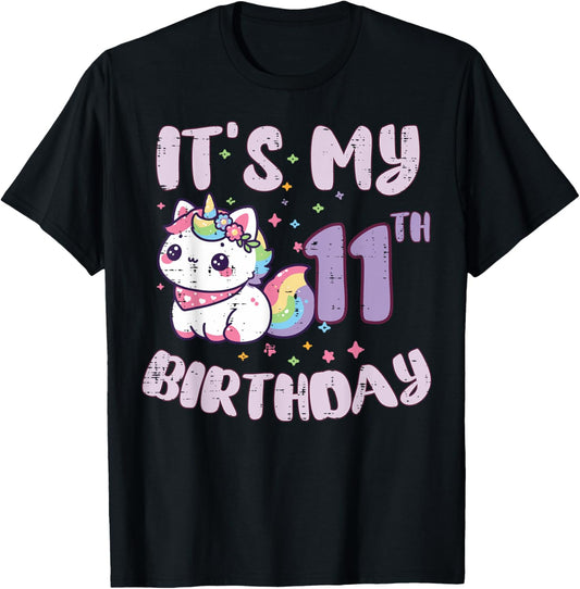 Its My 11th Birthday Unicorn Cat 11 Year Old Bday Girls Kids T-Shirt