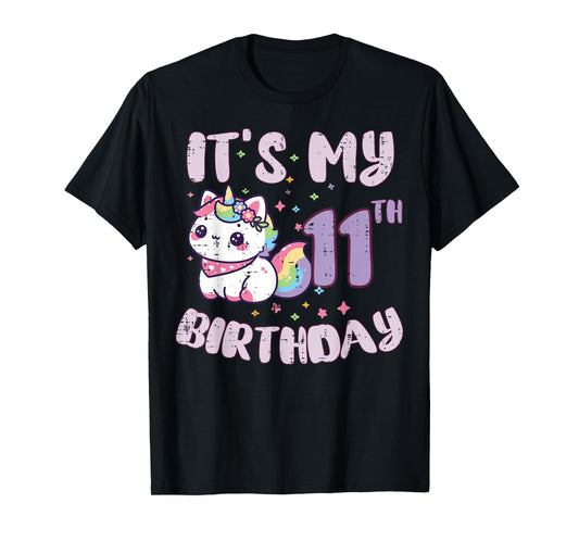 Its My 11th Birthday Unicorn Cat 11 Year Old Bday Girls Kids T-Shirt