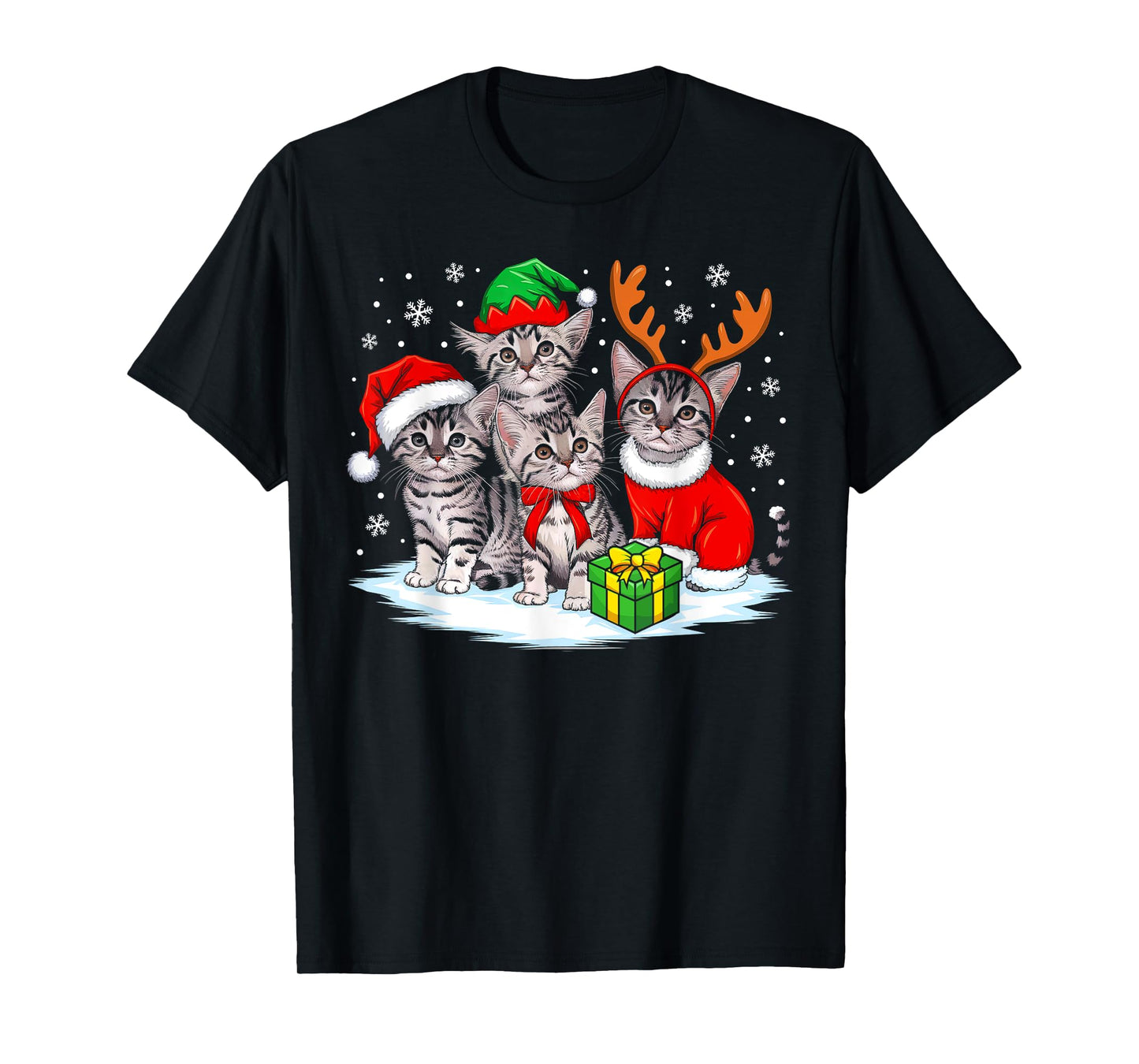 Cat Christmas Lights Reindeer Santa Hat Christmas Cat Lover T-Shirt for Men Women Kids