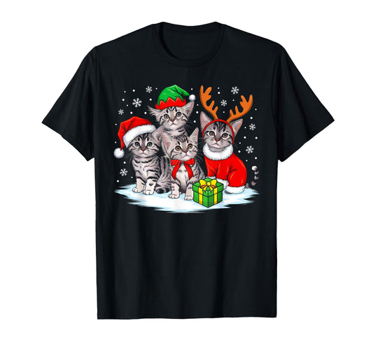 Cat Christmas Lights Reindeer Santa Hat Christmas Cat Lover T-Shirt for Men Women Kids