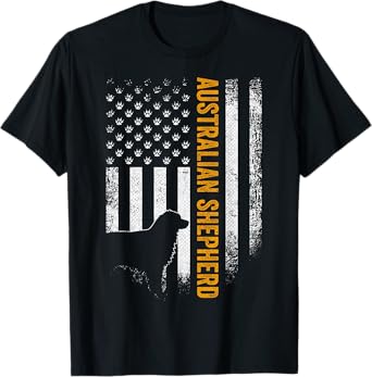 Vintage USA Australian Shepherd Dog Silhouette American Flag T-Shirt