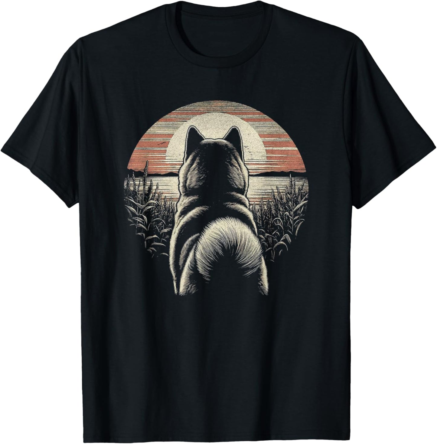 Vintage Akita Dog Retro Sunset Scene Art Design T-Shirt