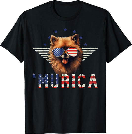 Murica Pomeranian Sunglasses American Flag 4th July Dog T-Shirt