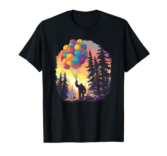 Bigfoot Forest Sunset Birthday Balloons Happy Bday Sasquatch T-Shirt