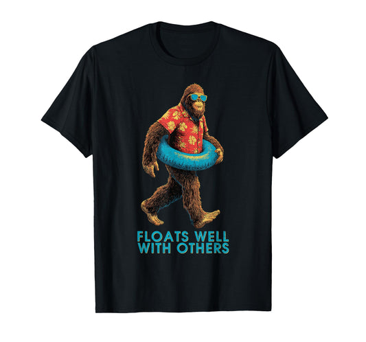 Vintage Floats Well With Others Funny Bigfoot Summer Pool T-Shirt