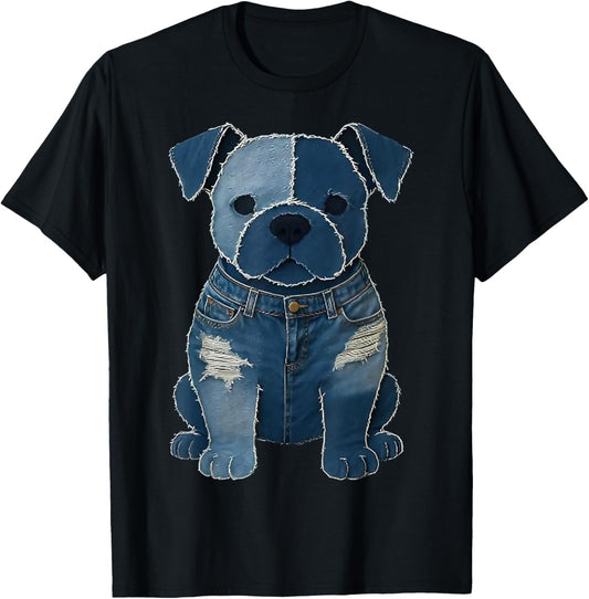 retro funny denim patch animal dog print T-Shirt