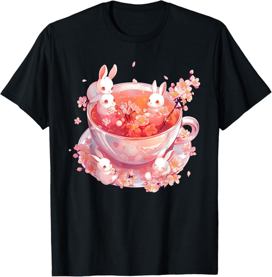 Aesthetic Cute Anime Kawaii Bunnies Tea Cherry Blossom Bunny T-Shirt