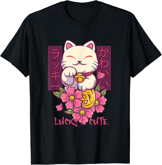 Lucky and Cute Japanese Lucky Cat Maneki Neko Good Luck Cat T-Shirt