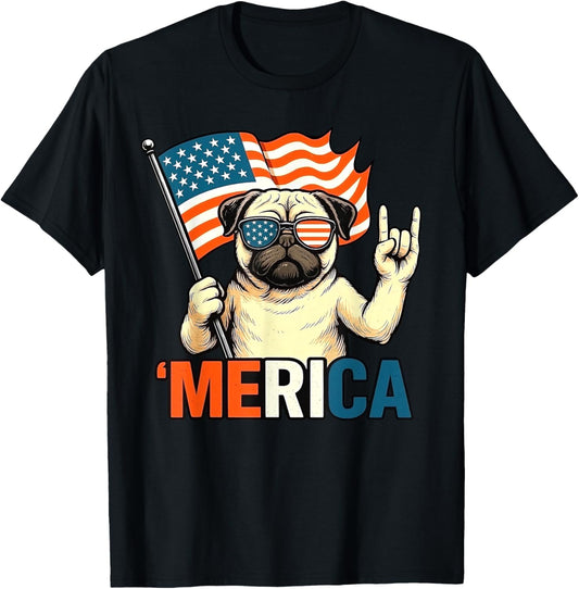Pug Merica American Flag Patriotic 4th Of July Dog Lover T-Shirt