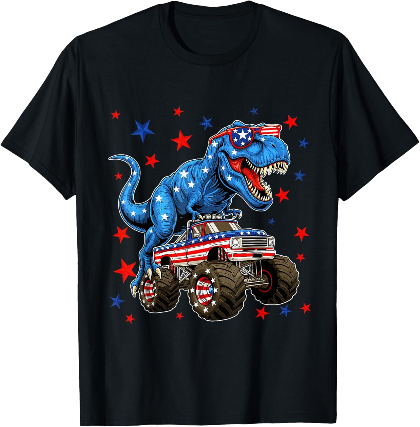 Patriotic T-Rex Monster Truck 4th of July Dinosaur USA Flag T-Shirt