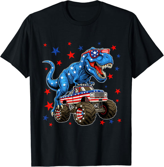 Patriotic T-Rex Monster Truck 4th of July Dinosaur USA Flag T-Shirt