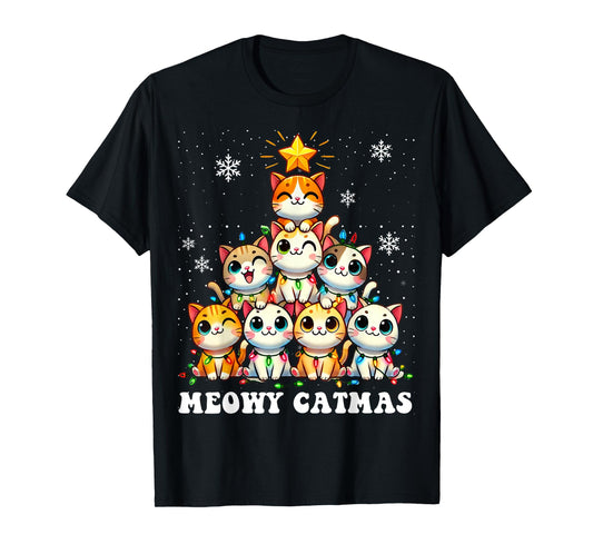 Meowy Catmas Funny Christmas Tree Lights Cute Cat Lover Xmas Men Women Kids T-Shirt