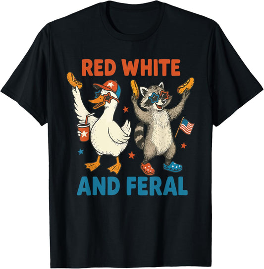 Red White and Feral Funny Raccoon 4th of July Boys Girls T-Shirt