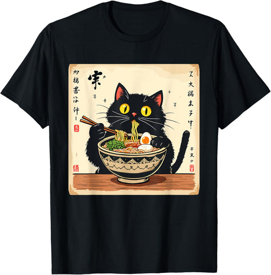 Cute Black Cat Eating Ramen Noodles Lover Japanese Clothing T-Shirt