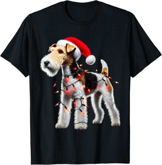 Wire Fox Terrier Santa Hat Christmas Lights Dog Owner Mom T-Shirt