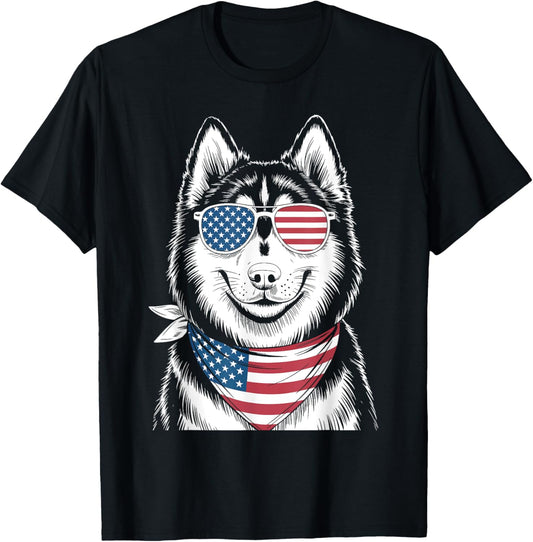 Siberian Husky Dog USA Flag Sunglasses Patriotic 4th of July T-Shirt