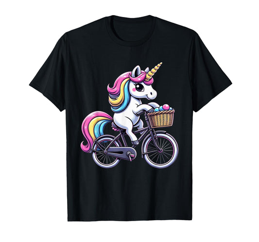Unicorn Riding Bicycle Boys Girls Women Kids Teen Rainbow T-Shirt