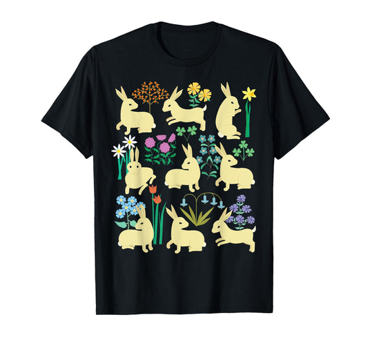 Playful little rabbits (bunnies) among colorful flowers T-Shirt