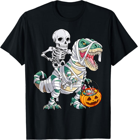 Skeleton Riding Mummy Dinosaur T rex Halloween Kids Boys Men T-Shirt
