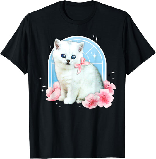 Cute y2k Aesthetic Cat Flower 90s 2000s Vintage Graphic T-Shirt