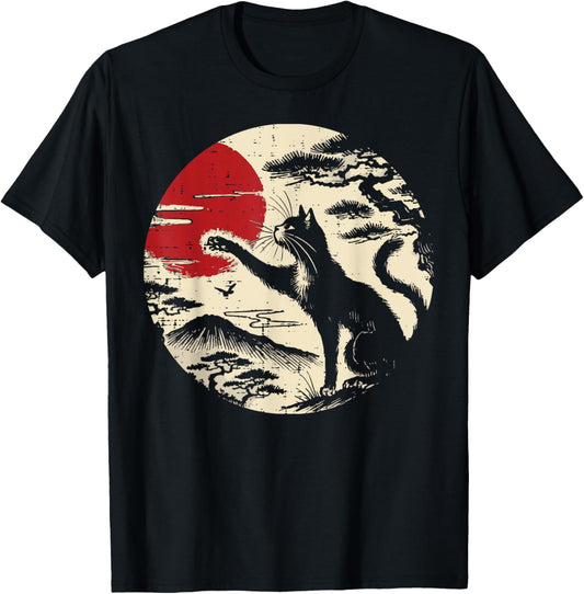 Japanese Cat Reaching Red Moon Vintage Art Men Women Kids T-Shirt