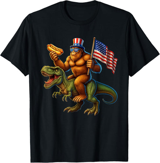 Bigfoot Sasquatch Riding Dinosaur T rex, Funny 4th Of July T-Shirt