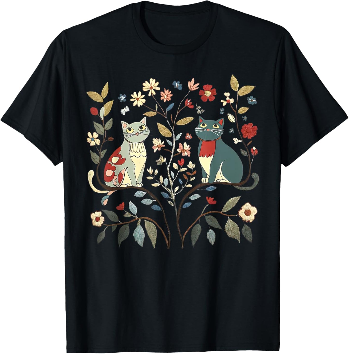 Cottagecore Scandinavian Folk Art Cats And Flowers Cat Mom T-Shirt
