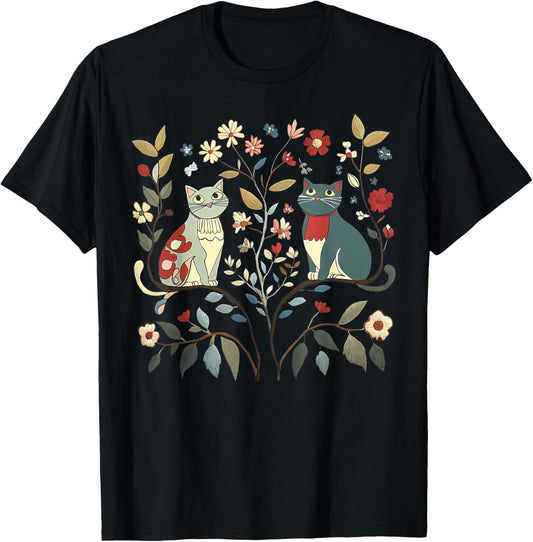 Cottagecore Scandinavian Folk Art Cats And Flowers Cat Mom T-Shirt