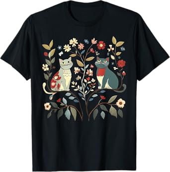 Cottagecore Scandinavian Folk Art Cats And Flowers Cat Mom T-Shirt