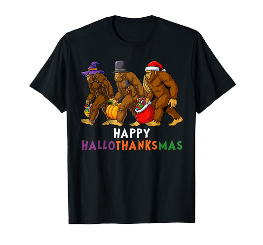 Hallothanksmas Bigfoot Halloween Thanksgiving Christmas T-Shirt
