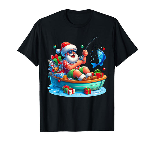 Funny Santa Claus Fishing Christmas In July Beach Boy Kids T-Shirt