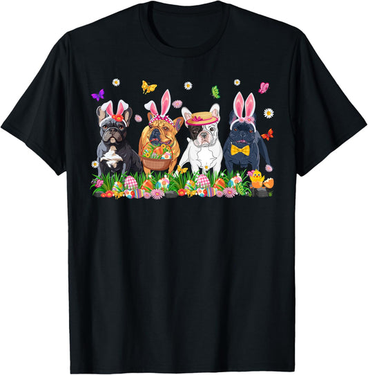 Cute Frenchie Dogs With Bunny Ears & Egg Basket Easter Day T-Shirt