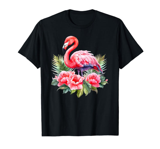 Flamingo Flowers Tropical Watercolor Bird Womens Top T-Shirt