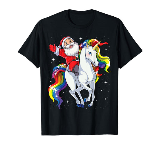 Christmas Santa Riding Unicorn Xmas Girls Women Rainbow T-Shirt