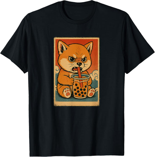 Shiba Inu Dog Drinks Bubble Tea Japanese Vintage T-Shirt